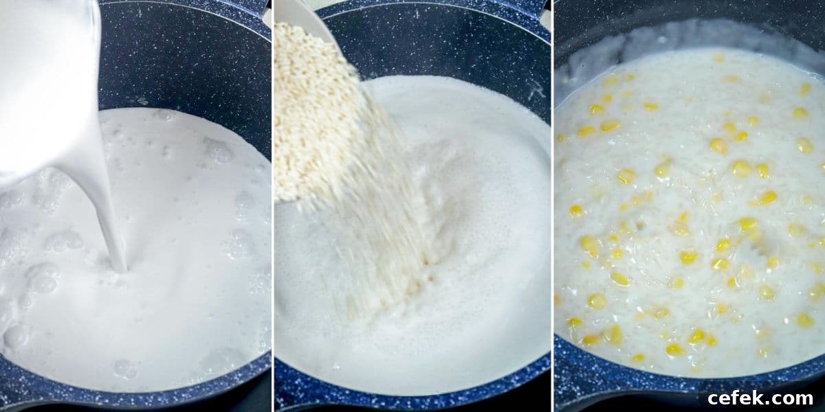 Creamy Filipino Corn and Coconut Milk Porridge 4 cooking lelot mais in a pot.