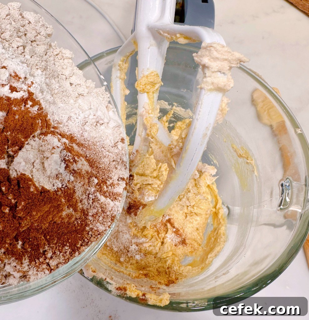 Adding dry ingredients to wet.