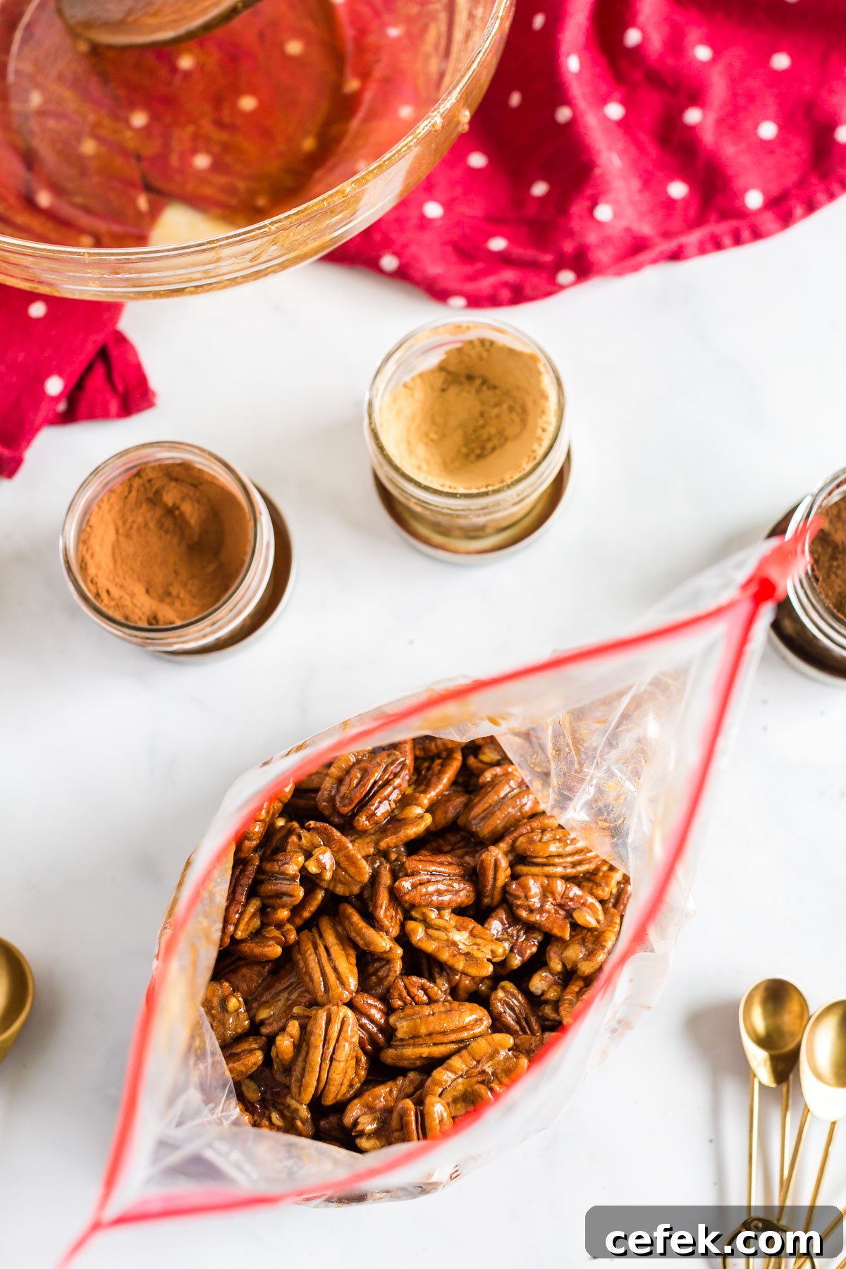 Gingerbread-Spiced Candied Pecans 7 Pecans in a ziploc bag with sugar and spices.