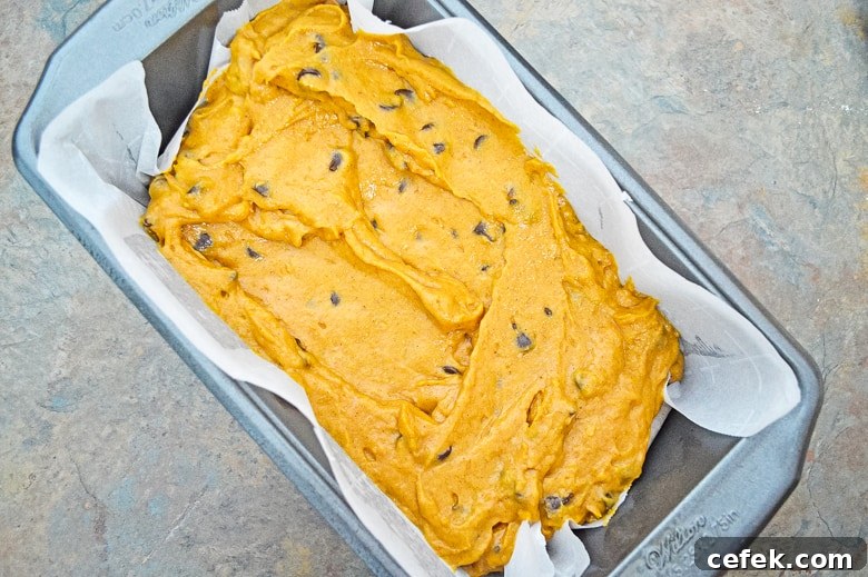 Moist Chocolate Chip Pumpkin Bread 8 pumpkin chocolate chip bread batter in pan
