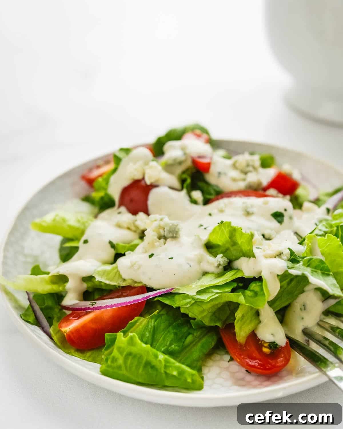 Homemade Chunky Blue Cheese Dressing for Wings and Salads 8 A green salad with blue cheese dressing.