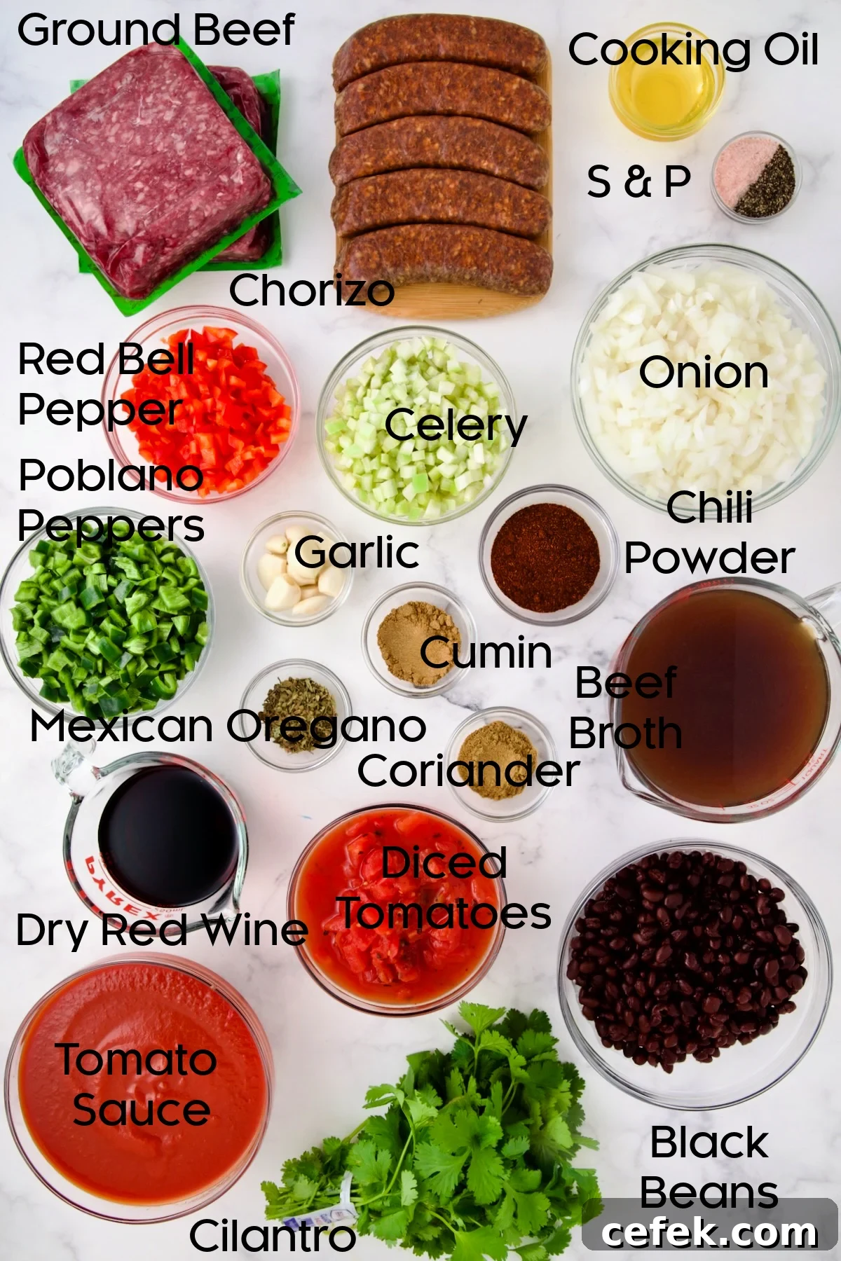 Ingredients for Beef and Chorizo Chili in glass bowls.
