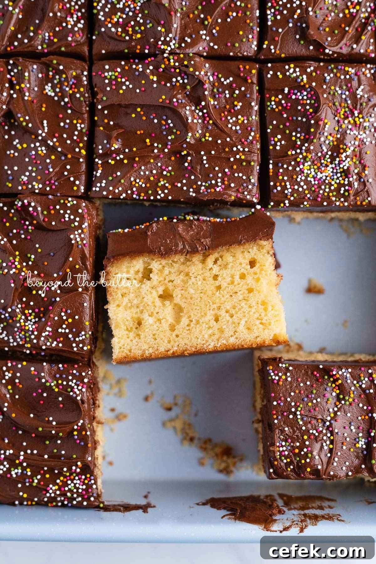Classic Four-Egg Yellow Sheet Cake with Chocolate Frosting 2 Slices of four egg yellow sheet cake with chocolate frosting and rainbow nonpareils in a blue baking pan with center slice placed on its side to see the moist cake and thick layer of frosting.