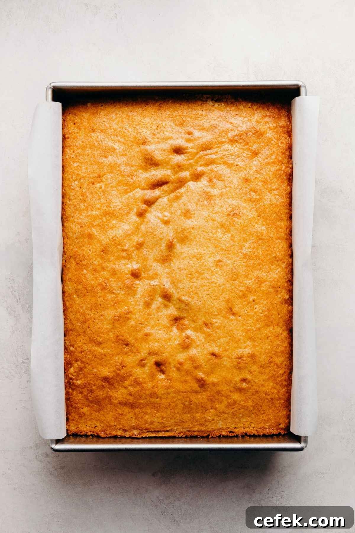 Classic Four-Egg Yellow Sheet Cake with Chocolate Frosting 11 Baked yellow sheet cake in a parchment paper lined sheet pan on a light grey marbled background.