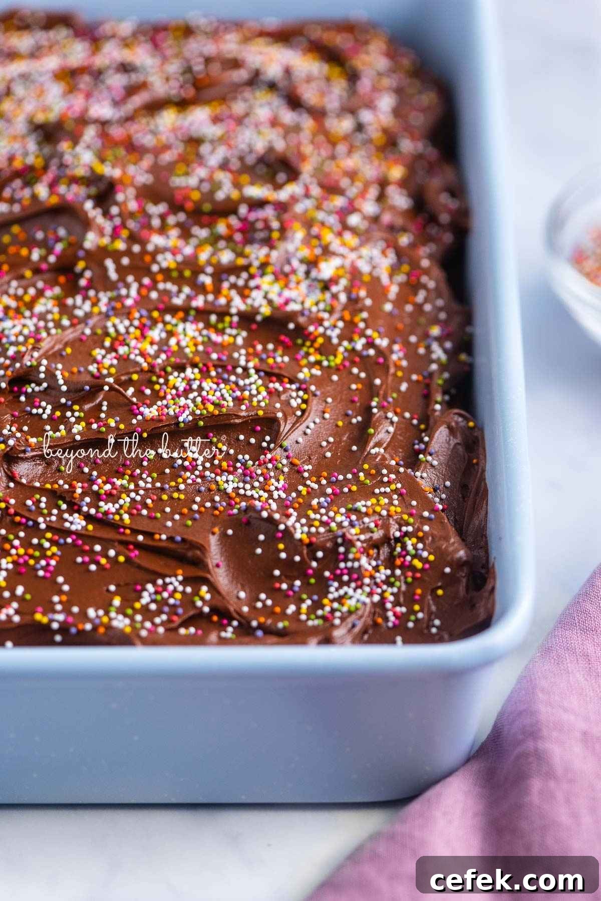 Classic Four-Egg Yellow Sheet Cake with Chocolate Frosting 15 Four egg yellow sheet cake in a blue metal baking tin decorated with chocolate frosting and rainbow colored nonpareils.