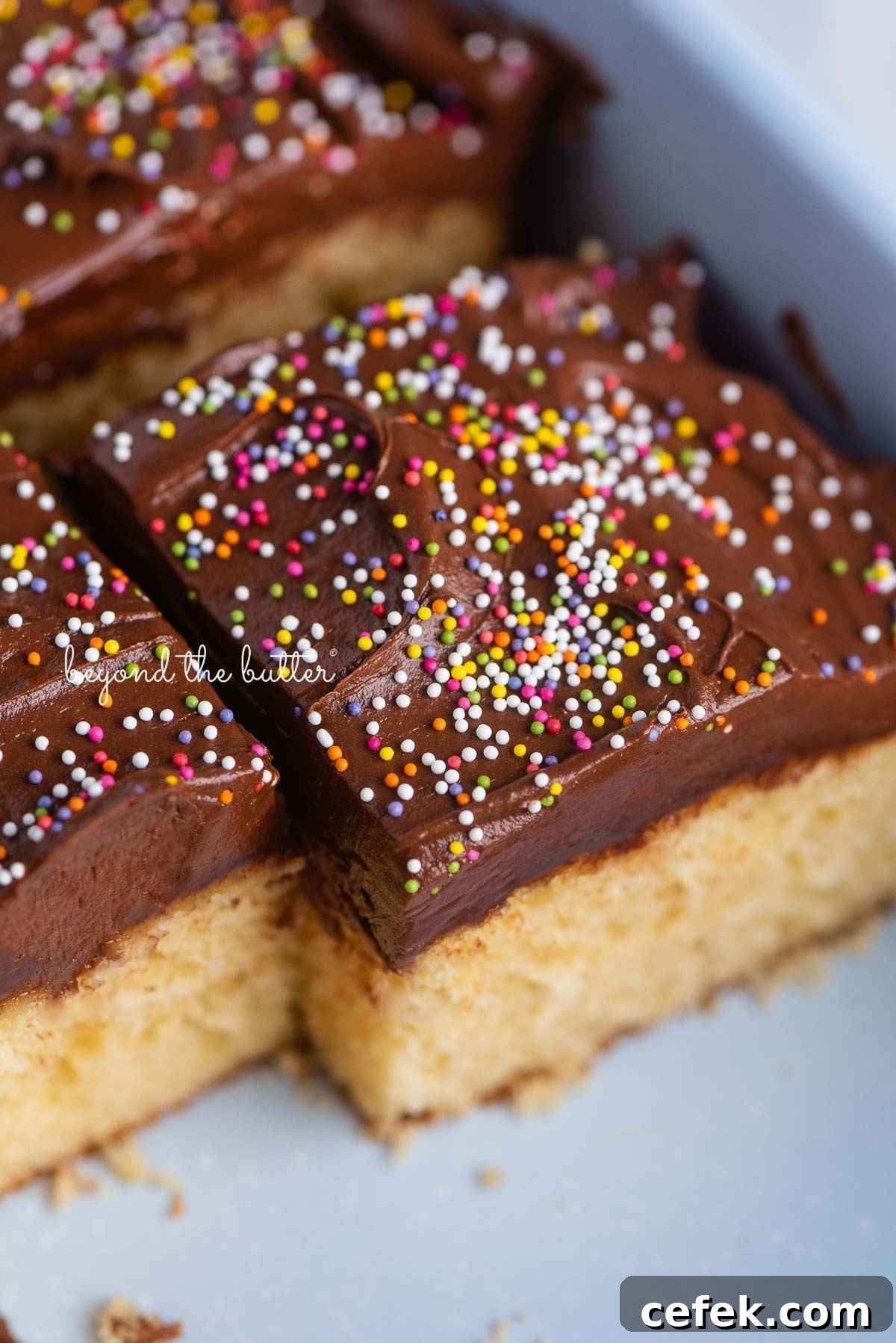 Classic Four-Egg Yellow Sheet Cake with Chocolate Frosting 4 Slices of four egg yellow sheet cake with chocolate frosting and rainbow nonpareils in a blue baking pan.