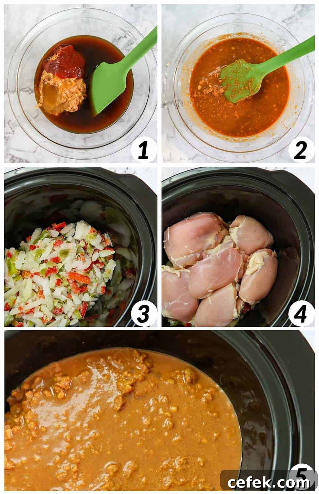 Spicy Slow Cooker Thai Peanut Chicken Recipe 4 Five panel collage of process shots- mixing together ingredients to form sauce, placing chicken, veggies, and sauce in the crockpot, and cooking.