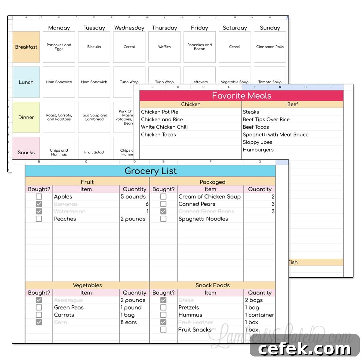 Free 3-Tab Meal Planner Template for Google Sheets 2 meal planning template screenshots.