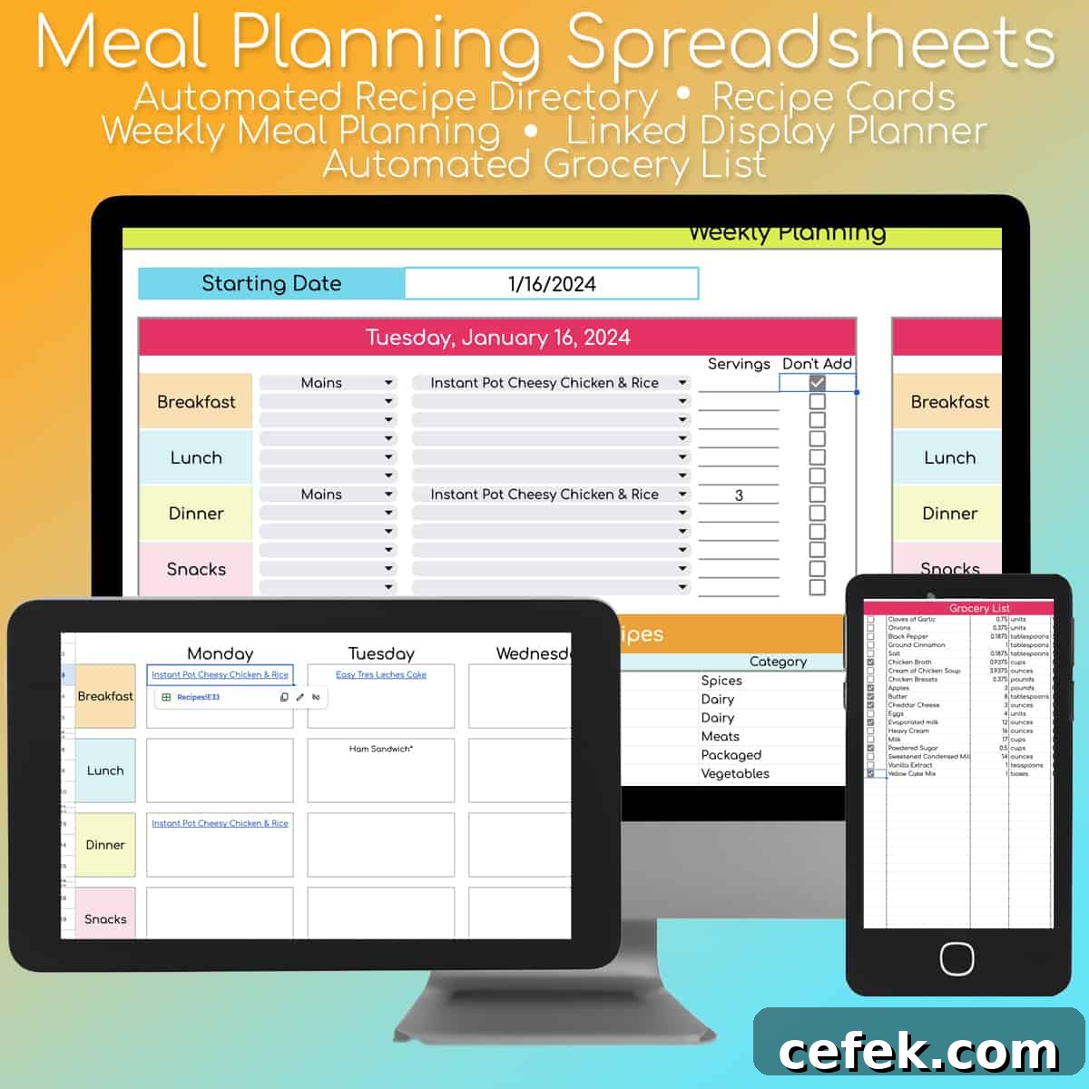 Free 3-Tab Meal Planner Template for Google Sheets 7 meal planning spreadsheets on phone, tablet, and computer.