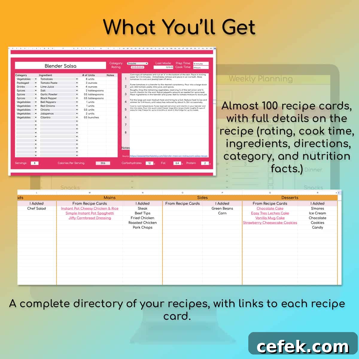 Free 3-Tab Meal Planner Template for Google Sheets 8 recipe cards and recipe directory in spreadsheets.