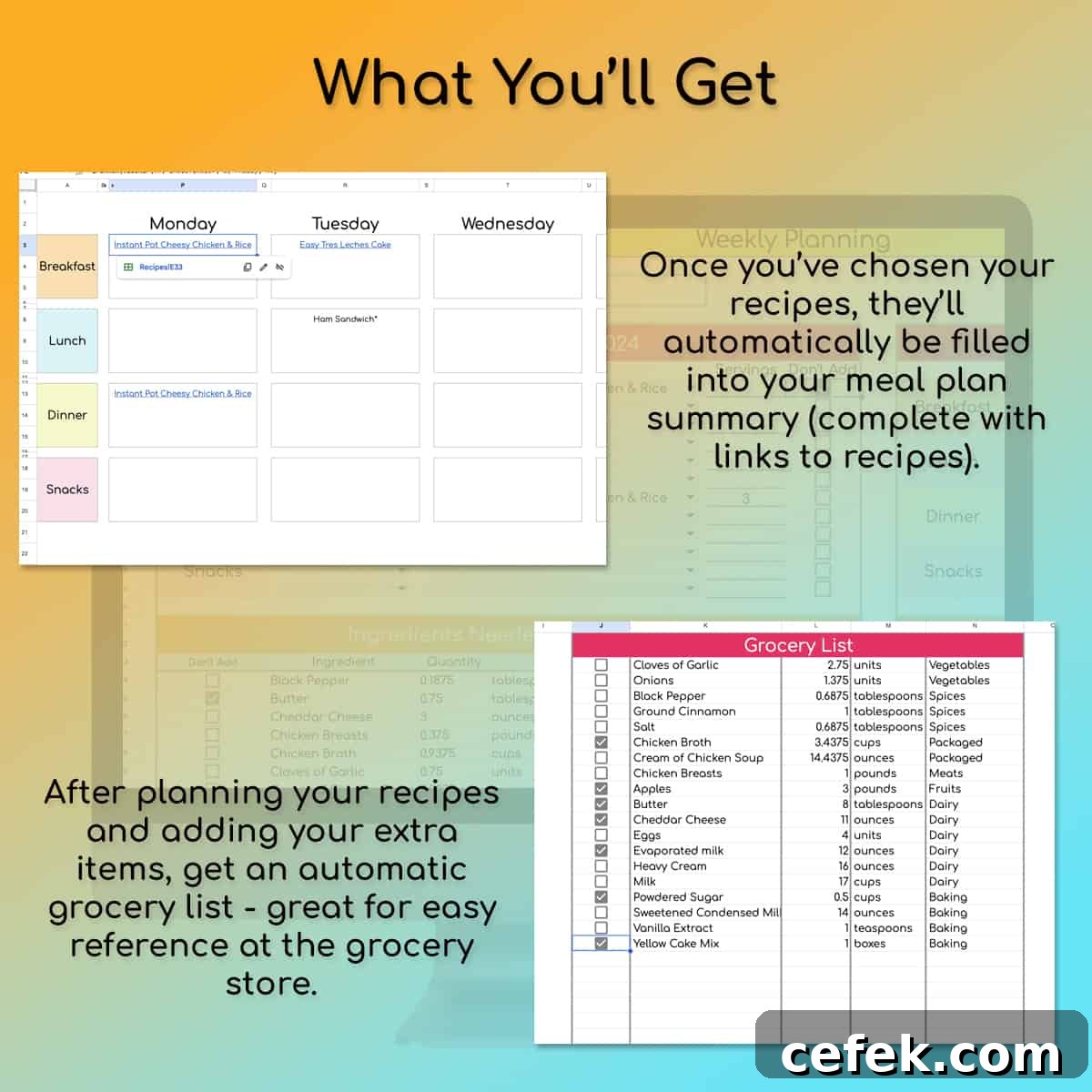 Free 3-Tab Meal Planner Template for Google Sheets 9 weekly meal plan and grocery list spreadsheets.