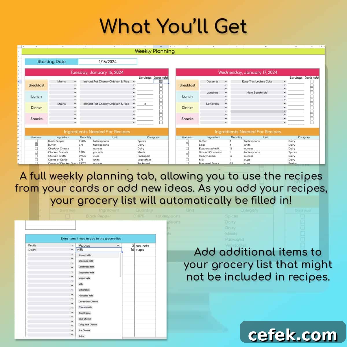 Free 3-Tab Meal Planner Template for Google Sheets 10 meal planning tab and extra items list.