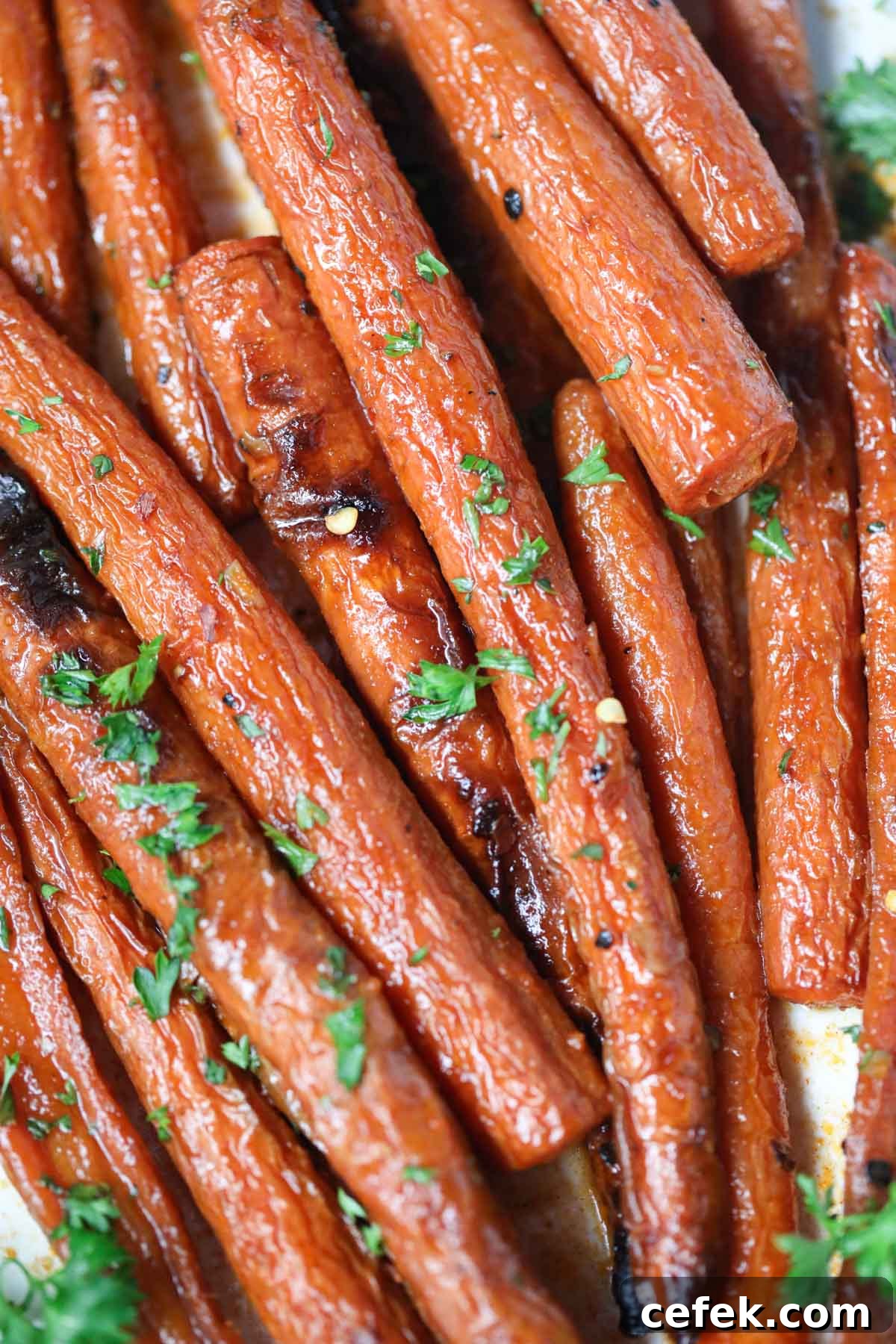 Maple-Glazed Roasted Carrots Recipe 6 Maple roasted carrots on a white platter.