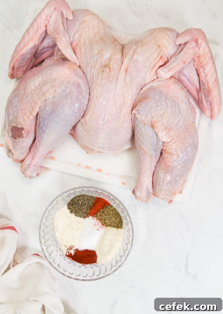 Dry-Brined Spatchcock Turkey: Crispy Skin, Juicy Meat 2 Spatchcock turkey on a cutting board with dry brine spices