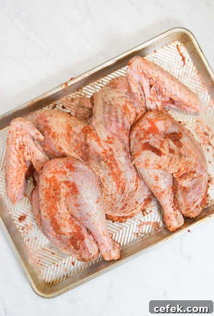 Dry-Brined Spatchcock Turkey: Crispy Skin, Juicy Meat 3 A spatchcock turkey with dry brine all over it