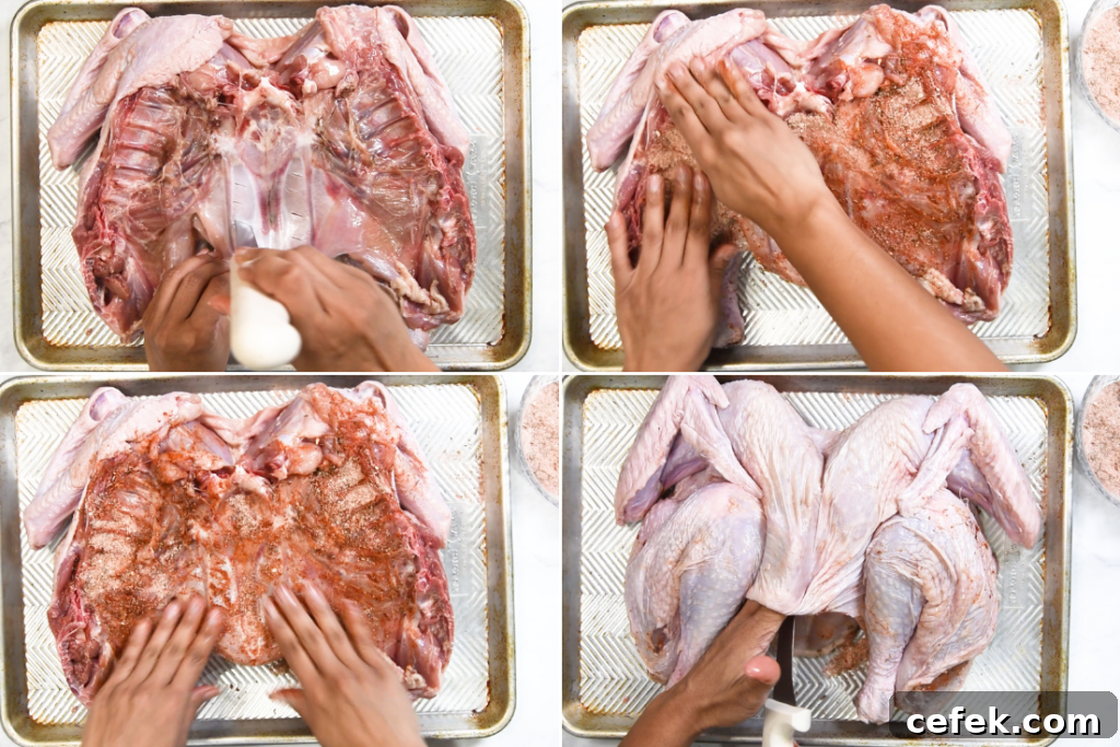Dry-Brined Spatchcock Turkey: Crispy Skin, Juicy Meat 4 Collage showing how to prepare a spatchcock turkey for dry brine