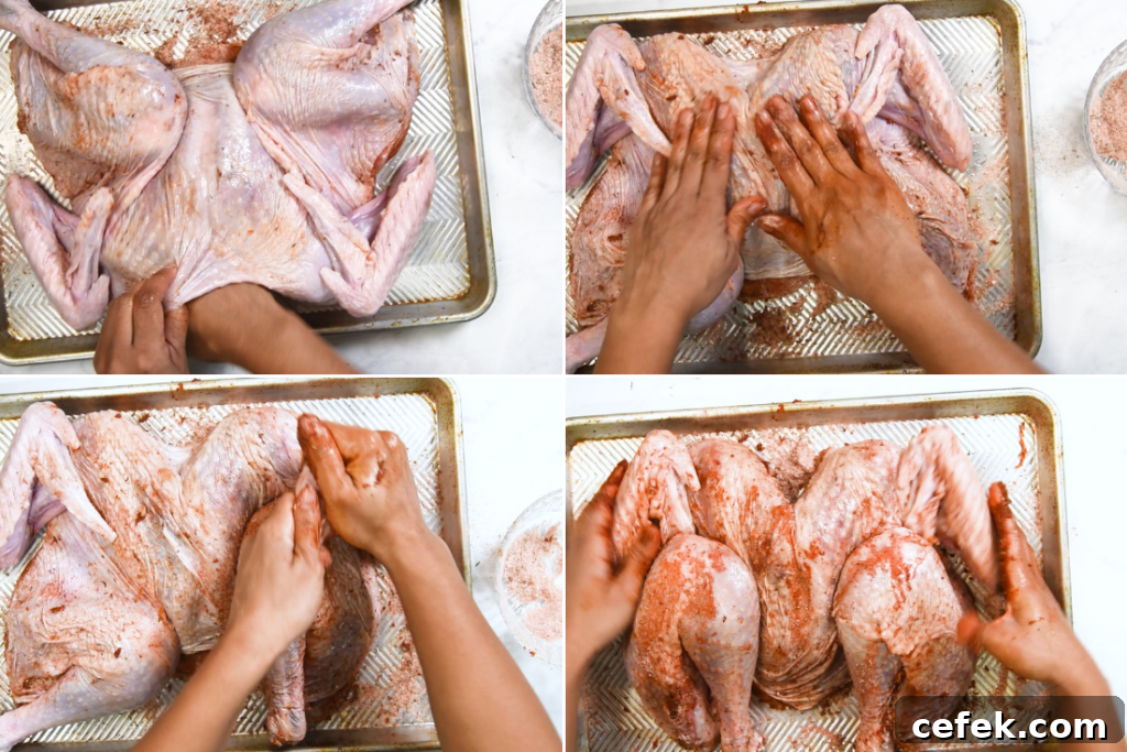 Dry-Brined Spatchcock Turkey: Crispy Skin, Juicy Meat 6 A collage showing how to dry brine a spatchcock turkey