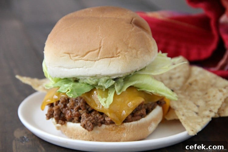 Mexican Sloppy Joes recipe Mexican Sloppy Joe on white plate with tortilla chips