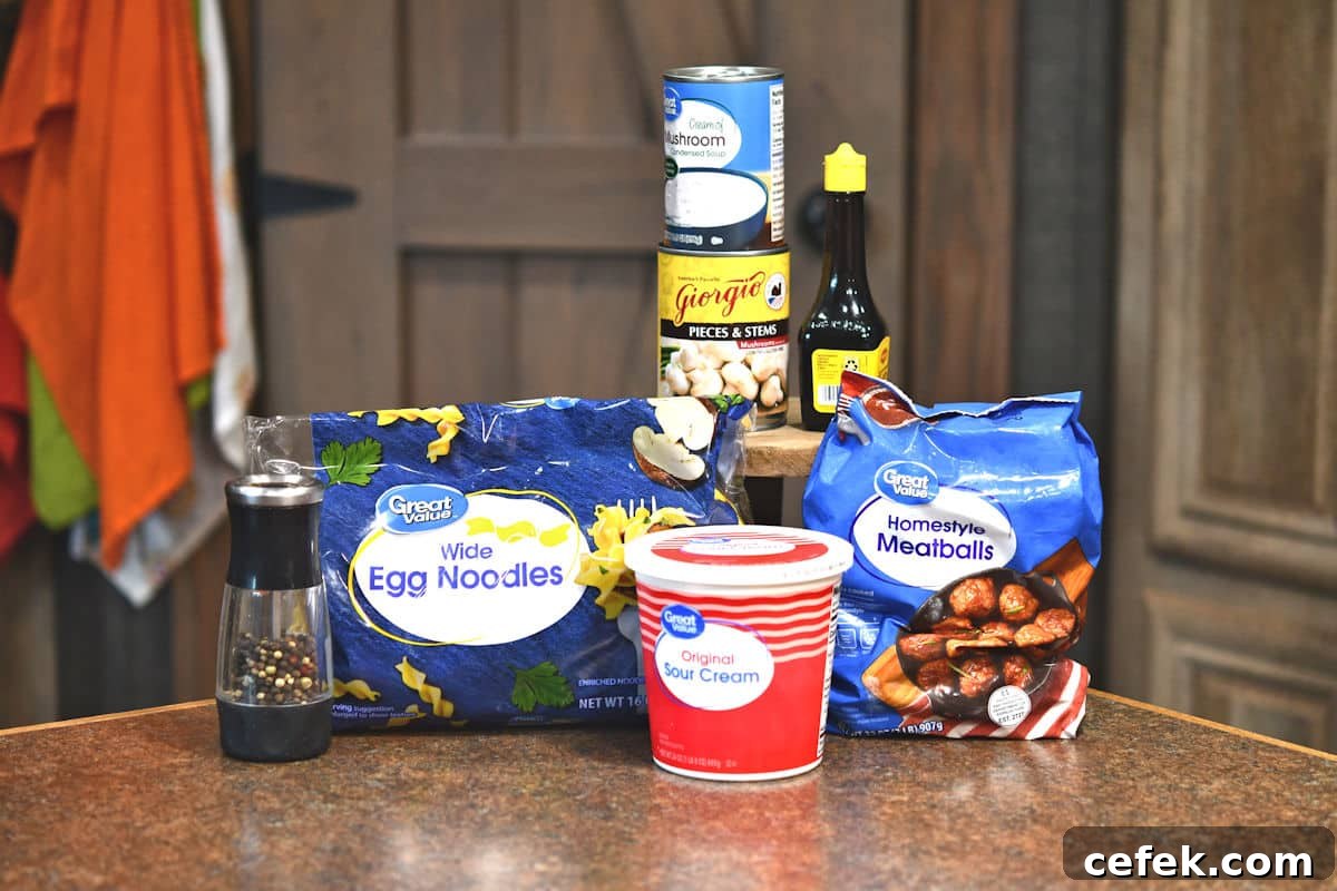 Creamy Meatball Stroganoff with Frozen Meatballs 3 ingredients for meatballs stroganoff on a countertop