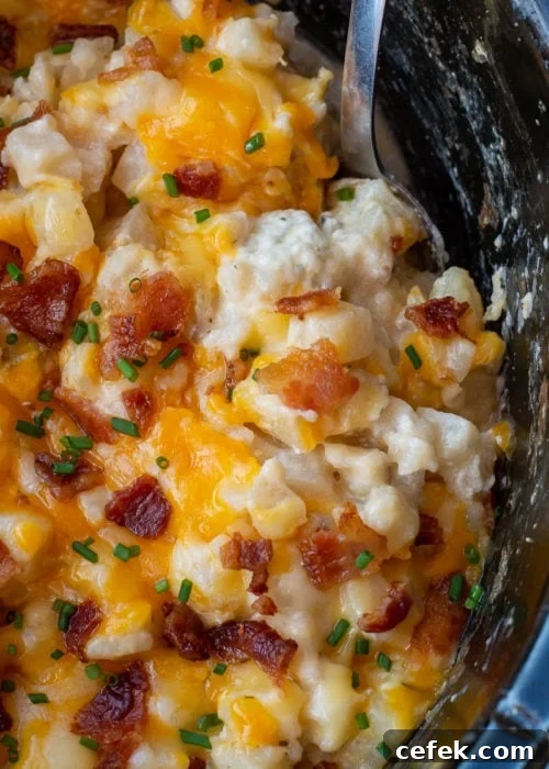 Creamy Cheddar Slow Cooker Potatoes 8 Cheesy potatoes served in a bowl