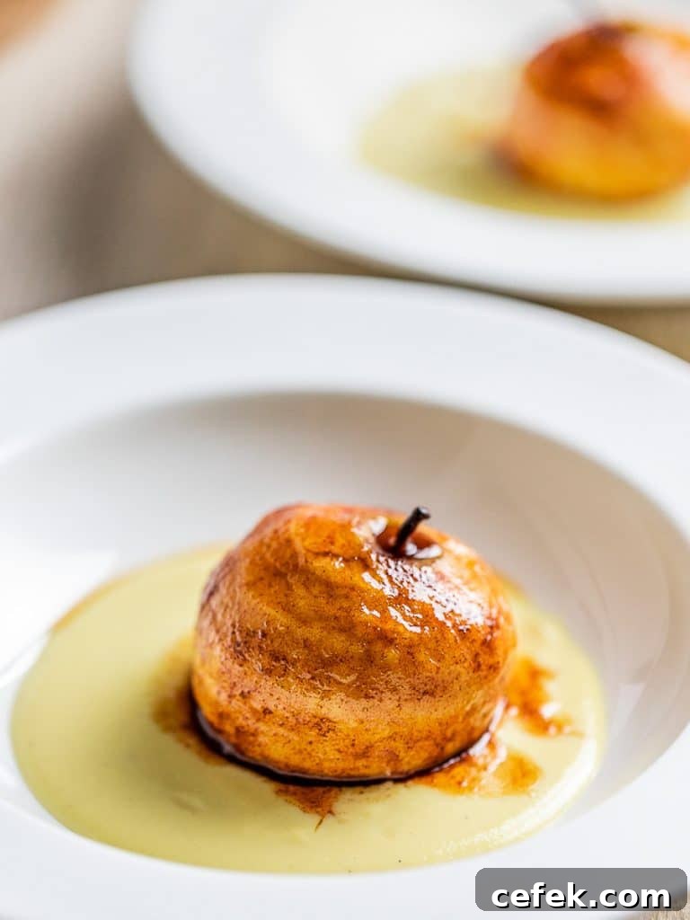 Oven-Baked Cinnamon Apples Recipe 10 baked cinnamon apples with vanilla sauce in a bowl