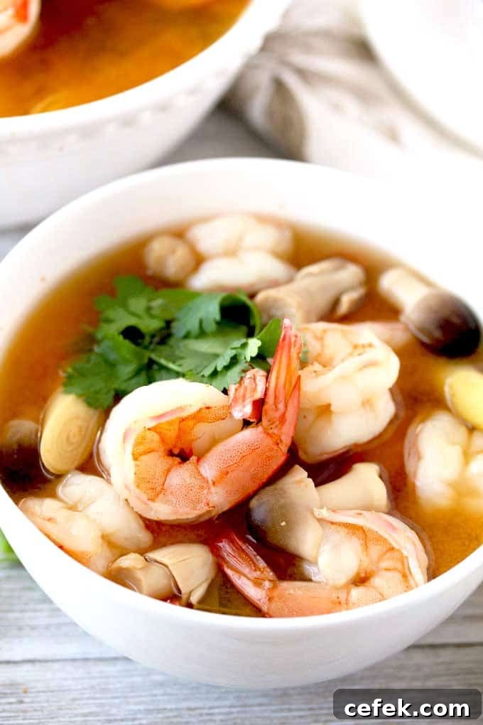 Authentic Thai Tom Yum Soup with Shrimp 3 Close up photo of a bowl of Tom Yum Goon in a white bowl