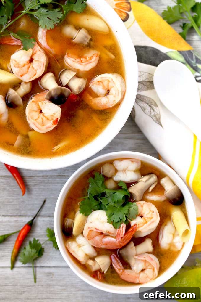 Authentic Thai Tom Yum Soup with Shrimp 6 Top view of bowls with Thai Hot and Sour Soup