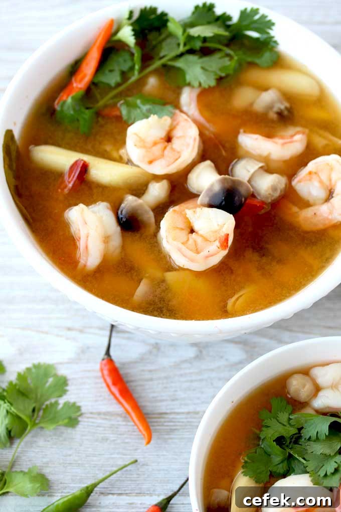 Authentic Thai Tom Yum Soup with Shrimp 7 Thai Soup, Tom Yam with shrimp in a bowl