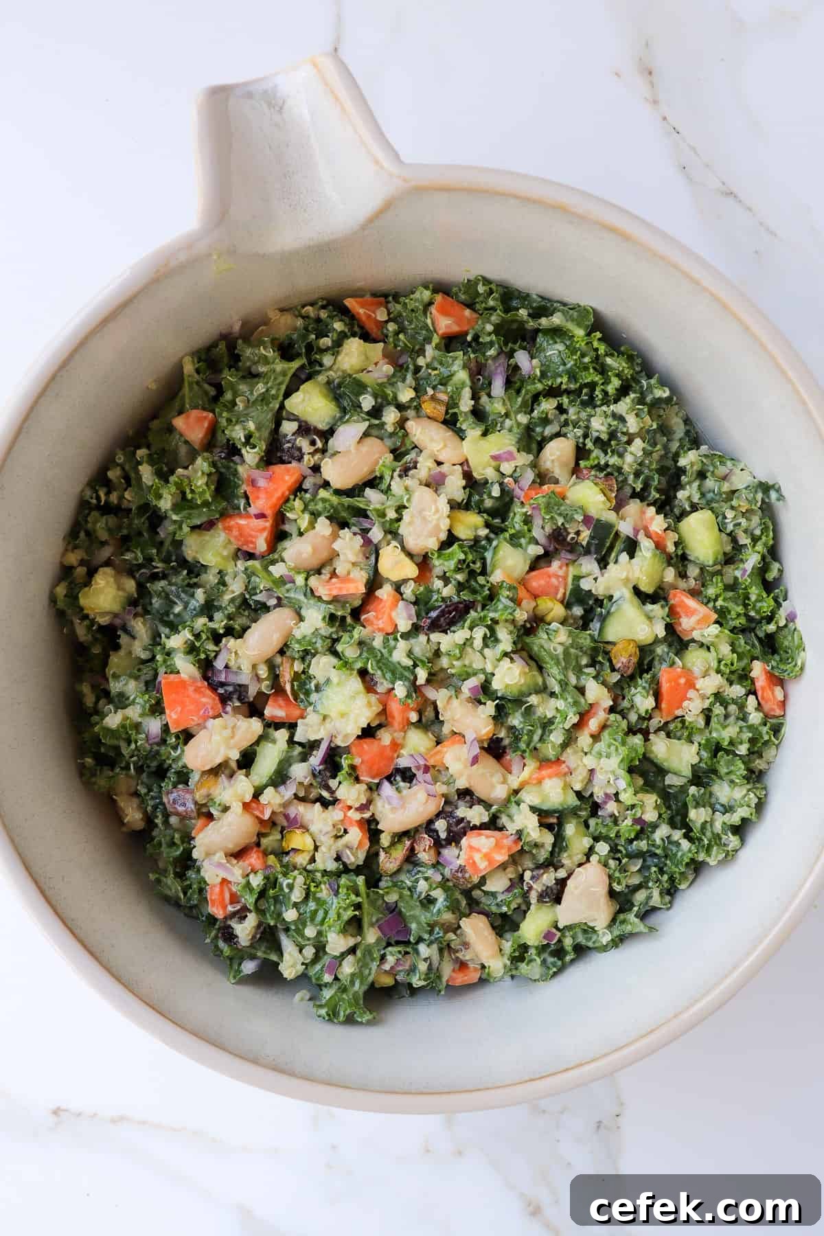 White Bean and Kale Salad with Creamy Avocado Dressing 3 Top view of salad.