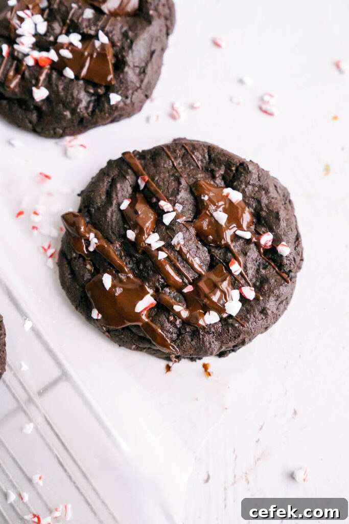 Chewy Double Chocolate Peppermint Cookies Recipe 3 cookies on baking sheet