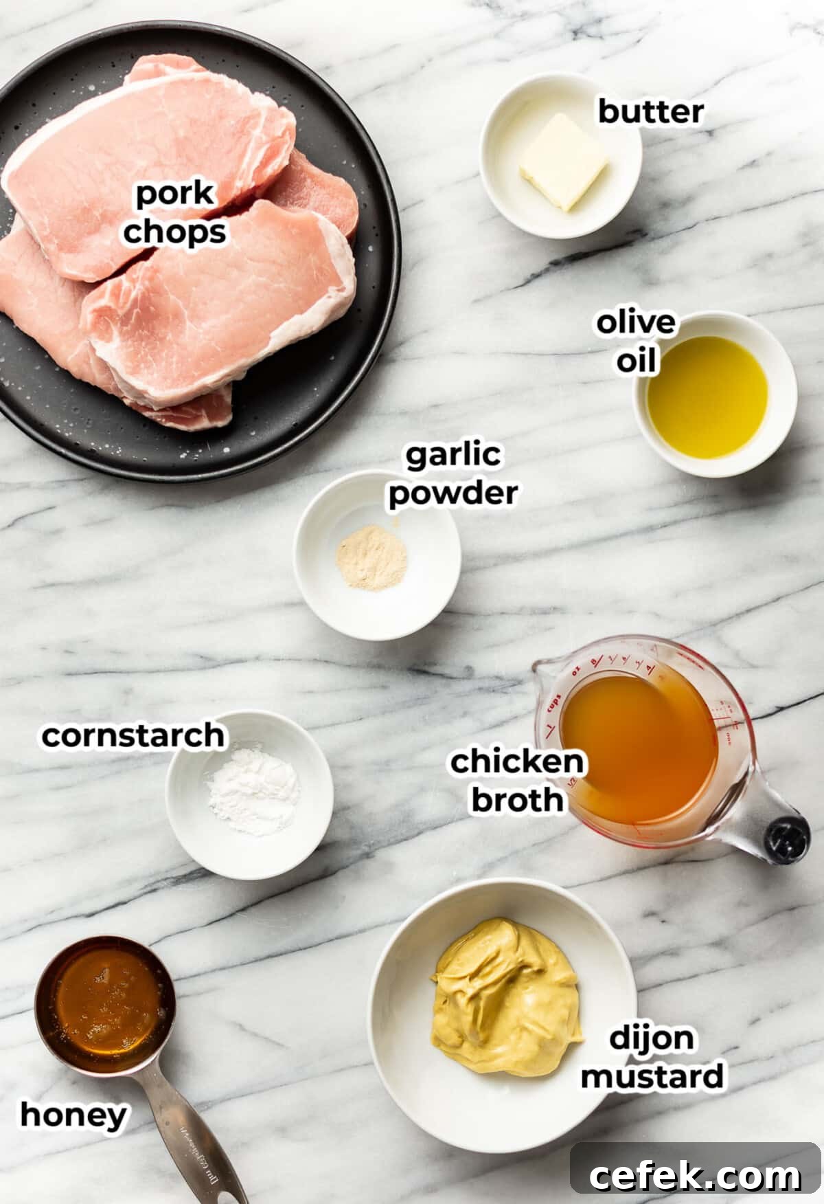Honey Mustard-Glazed Pork Chops 3 ingredients for honey mustard pork chops in prep bowls