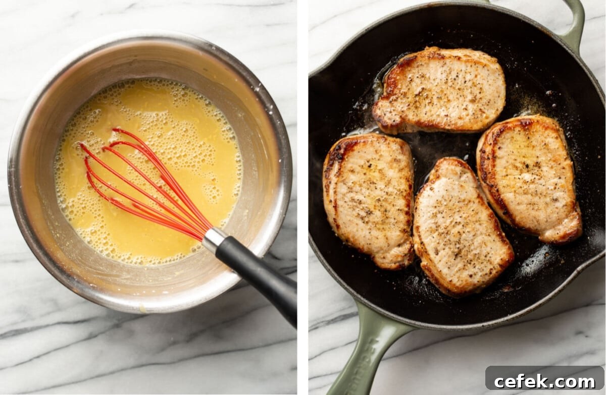 Honey Mustard-Glazed Pork Chops 4 whisking honey mustard sauce in a prep bowl and pan searing pork chops