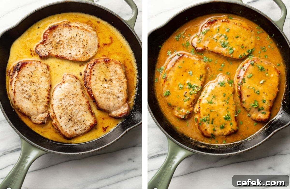Honey Mustard-Glazed Pork Chops 5 a skillet with honey mustard pork chops before and after cooking
